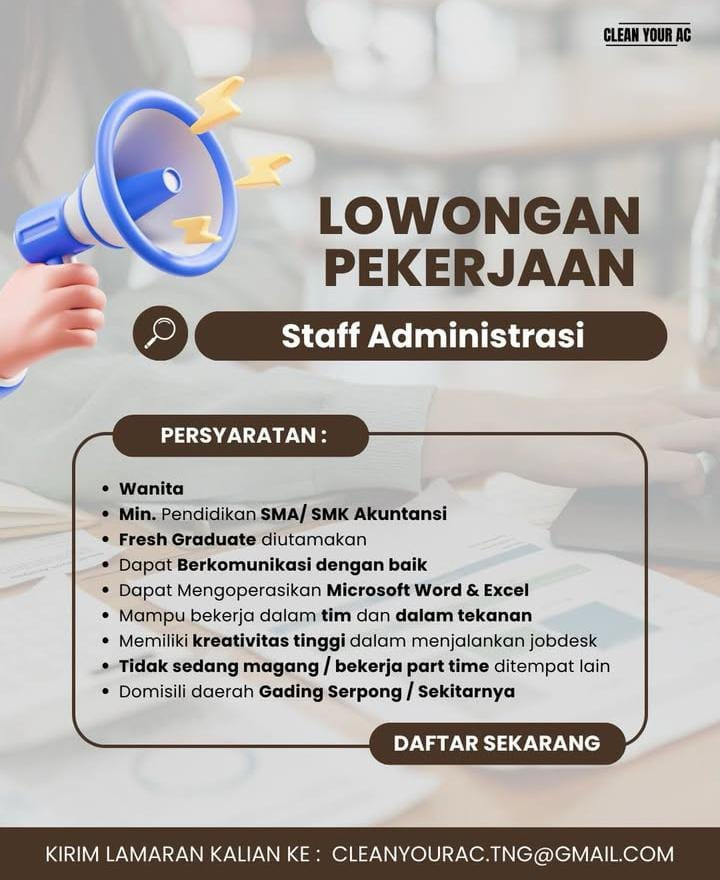 Lowongan Kerja Staff Administrasi Clean Your AC SMA/SMK 2026 ...