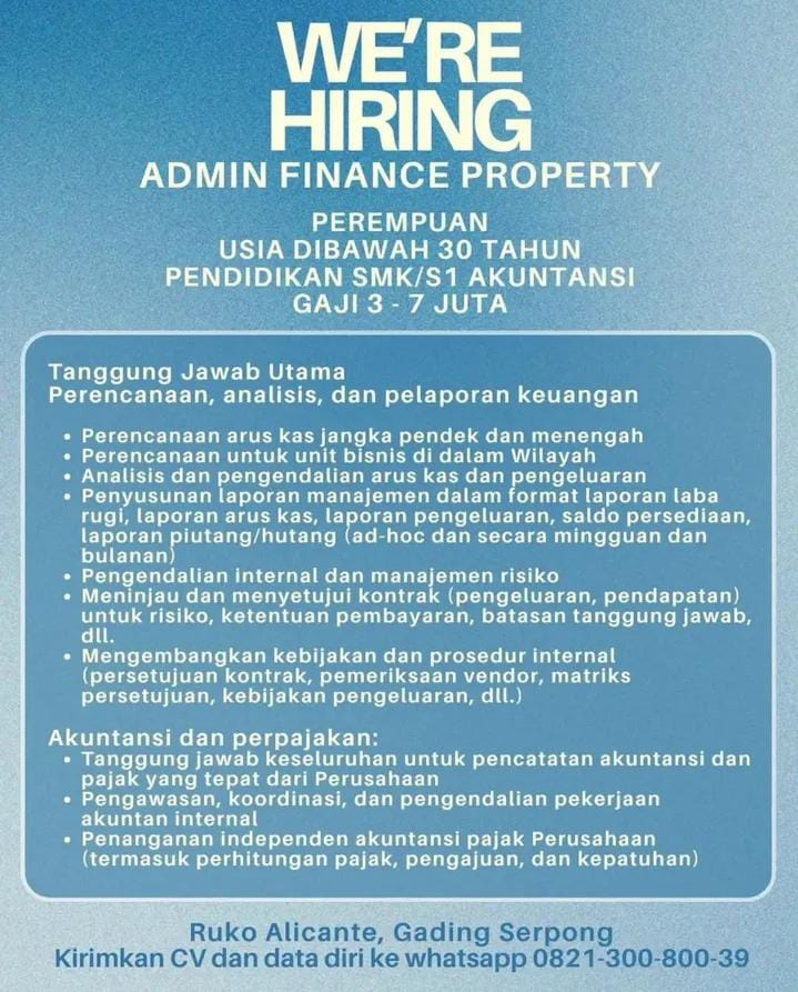 Lowongan Kerja Admin Finance Property Terbaru 2026 - Min. SMA/SMK, Gaji ...