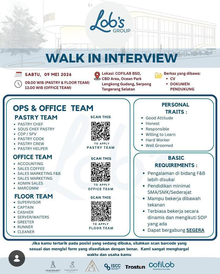 Lowongan Kerja Lob's Group BSD: Walk In Interview & Kitchen Team 2026 ...