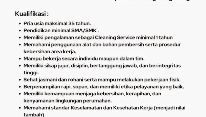 Lowongan Kerja PT Kencana Makmur Lestari: Posisi Cleaning Service Terbaru 2026