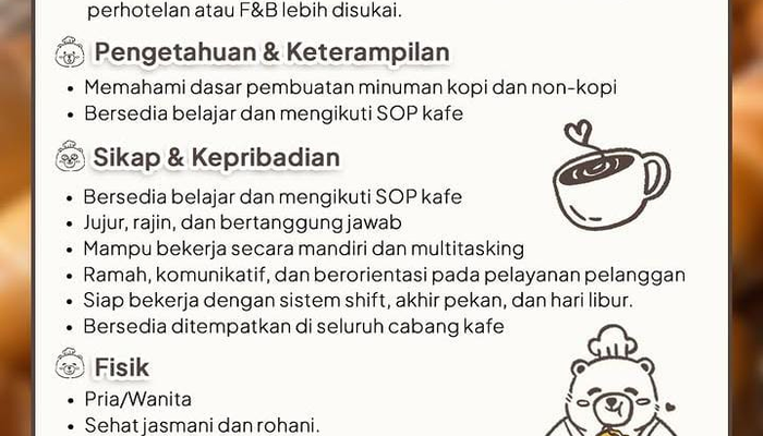 Lowongan Kerja Barista Bear & Butter Bintaro, Tangerang Selatan Terbaru 2026